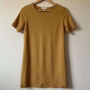 Love, Fire Mustard Yellow / Tan Eyelet Laser-Cut Mini Dress S